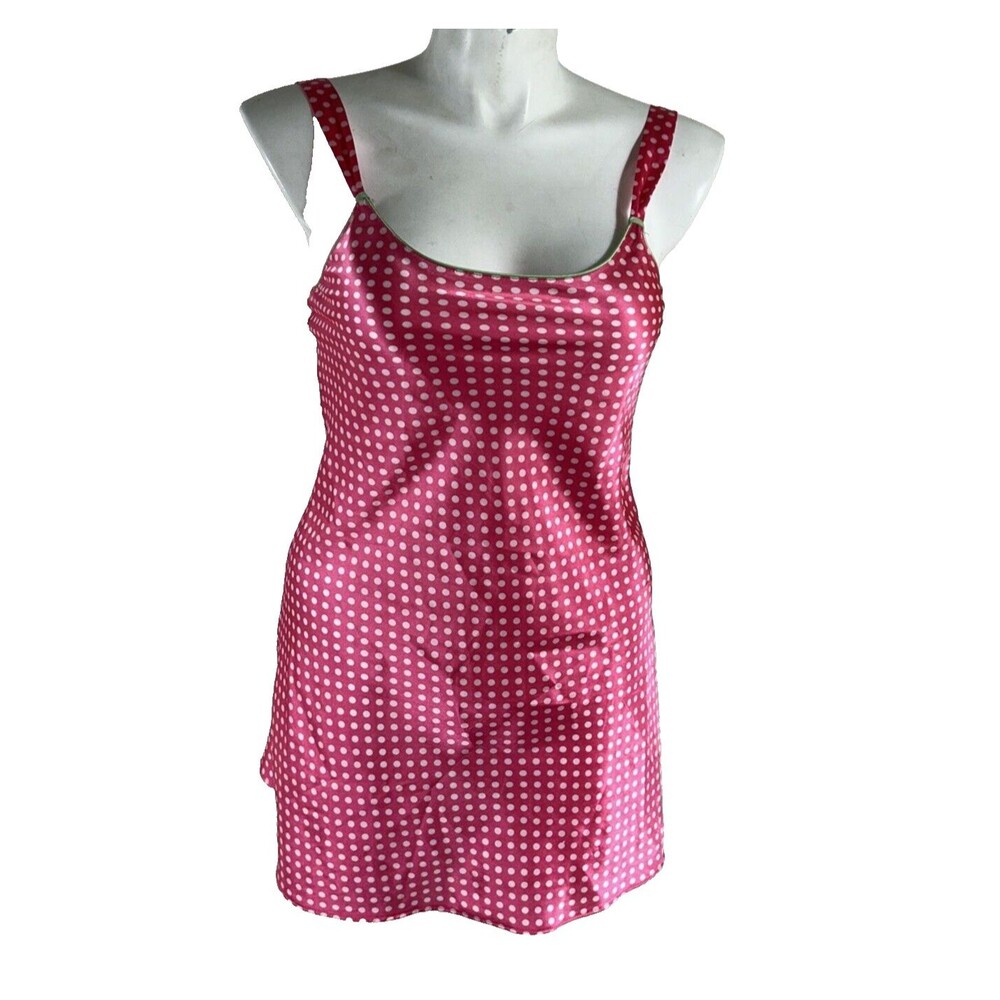 Womens Nightgown Large Slip Pink White Polka Dot‎ Green Trim Adj Spaghetti Strap